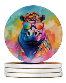 Hippie Animal Hippopotamus Large Sandstone Coasters Pack of 4 Absorbent Round Coasters Decor Gifts for Men or Women, 4 in, Multicolor