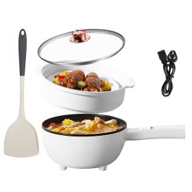 Electric Hot Pot Non-Stick Frying Pan Portable Rapid Noodles Cooker with Long Handle Steamer Spatula Dual Power Control Overheat Dry-Boil Protect (Color: White)